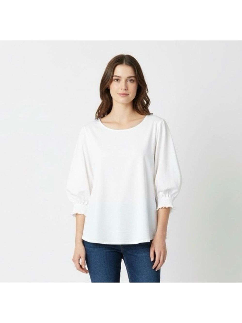 UNIQLO 100% Cotton 3/4 Sleeve Crew Neck Blouse Top Smocked Cuffs US Sz XL